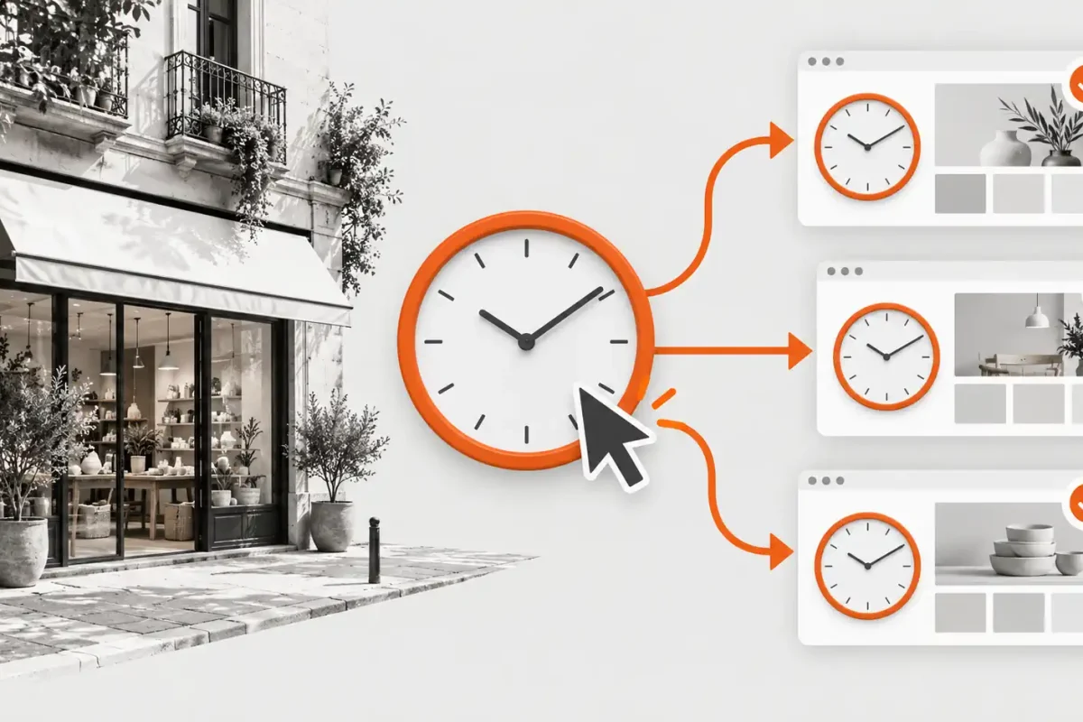 Tienda física y un reloj conectado a tres ventanas web que representan la sincronización automática de horarios.